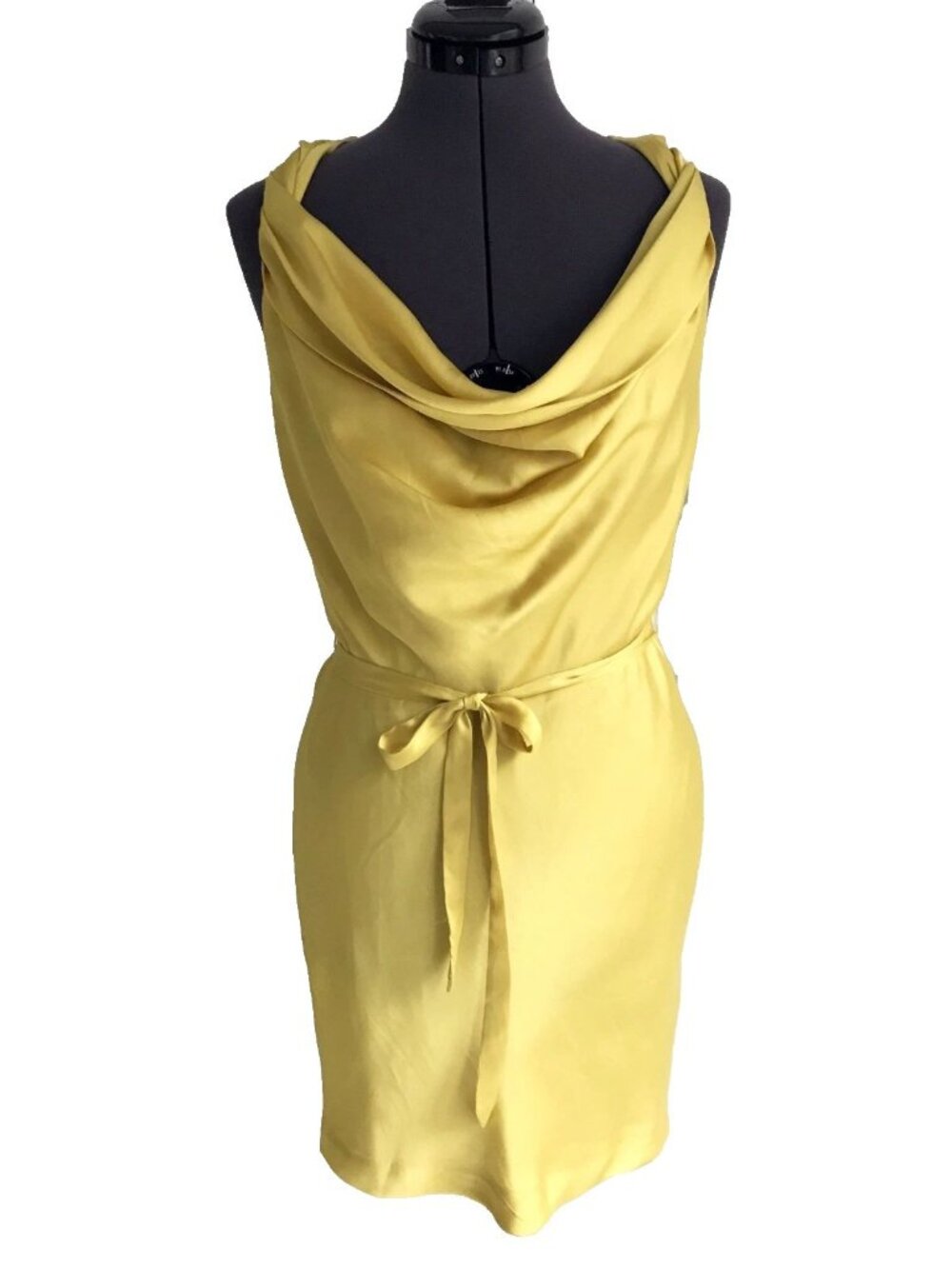 H&M Yellow Satin Sleeveless Dress with Draped Neck, Fully lined, Size 6